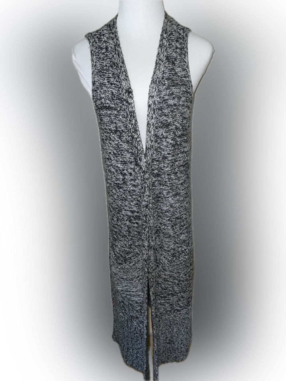 Chico's Long Open-Front Marled Knit Vest in Black & White | 0